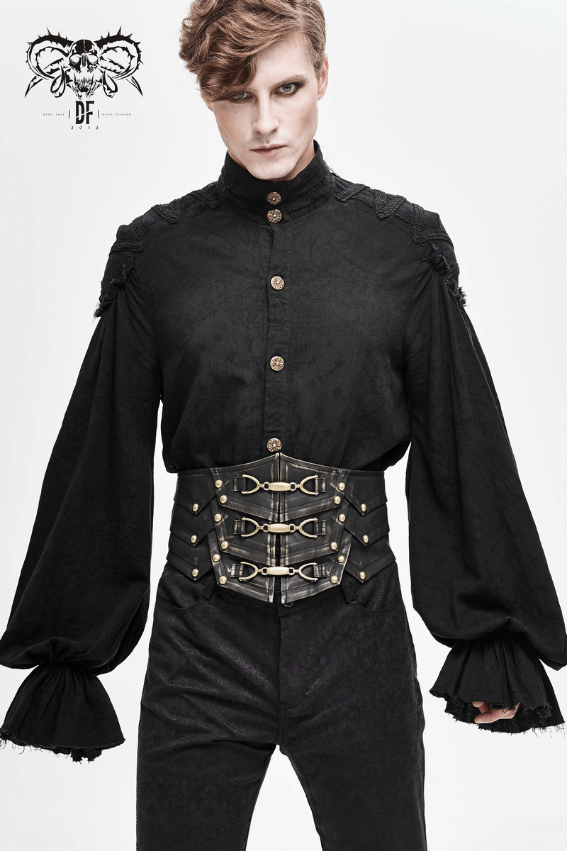 Stylish male model in a black vintage shirt paired with a gothic wide PU leather belt with gold accents.