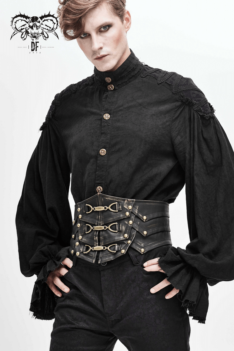 Stylish model in black outfit featuring Gothic wide belt with multiple buckles, showcasing retro fashion elegance.