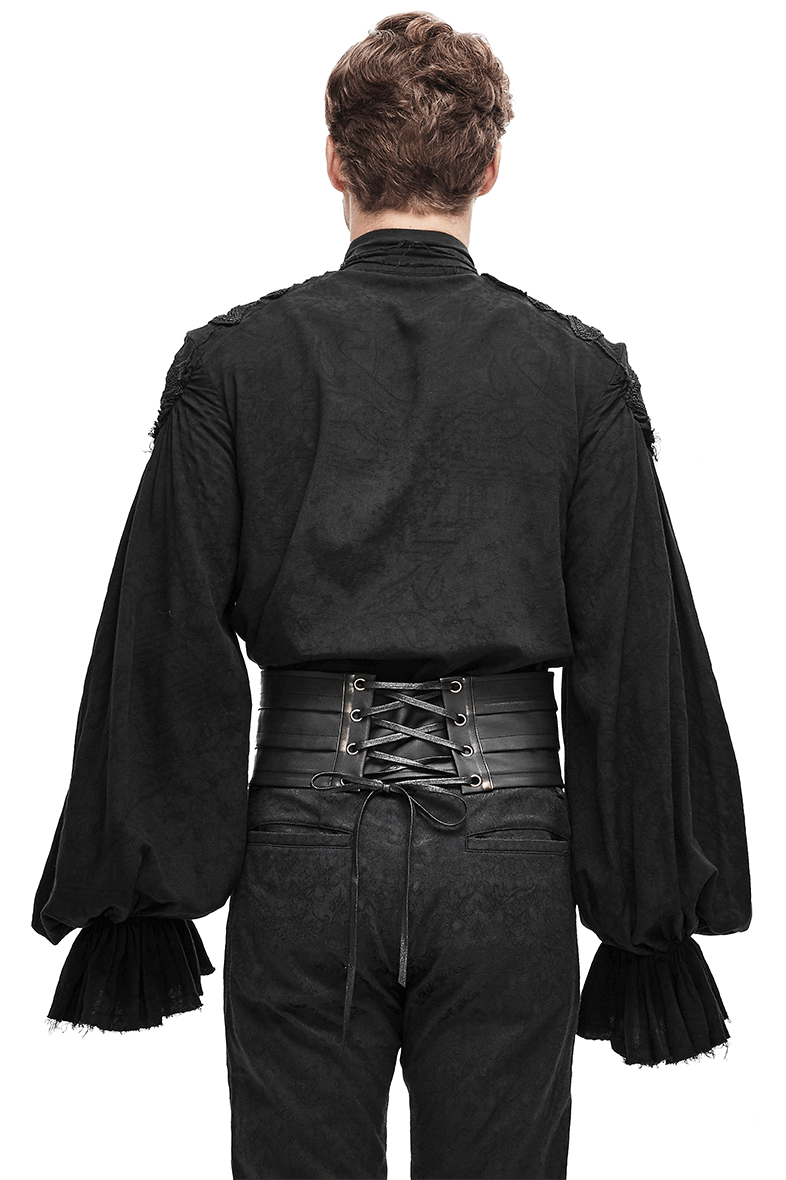 Back view of a model wearing a gothic style outfit with a wide black belt and dramatic sleeves.