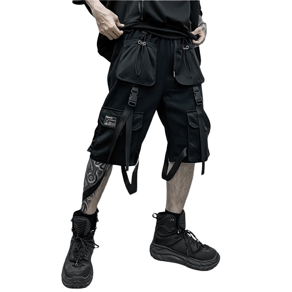 Men's black cotton loose shorts with big pockets and stylish ribbons, perfect for casual and trendy looks.
