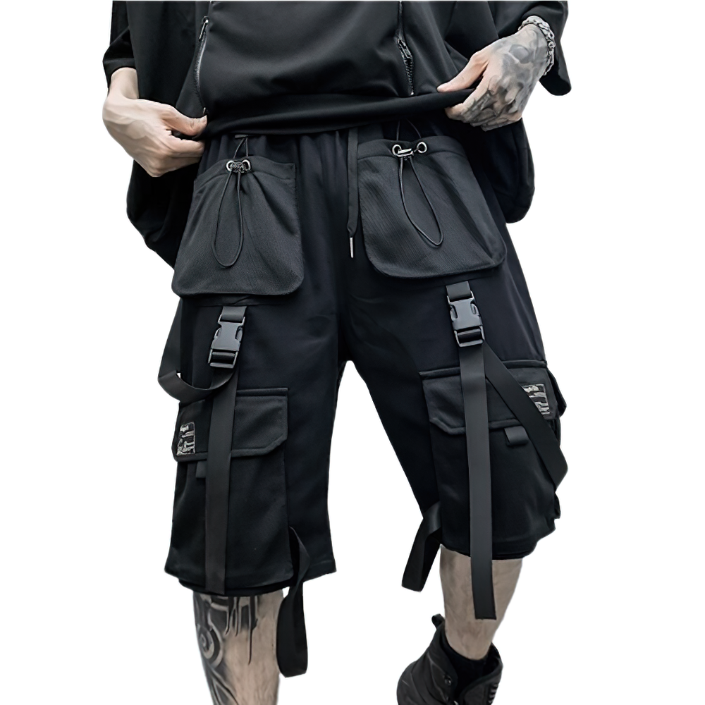 Men's black cotton loose shorts with big pockets and stylish ribbons, perfect for casual summer wear.
