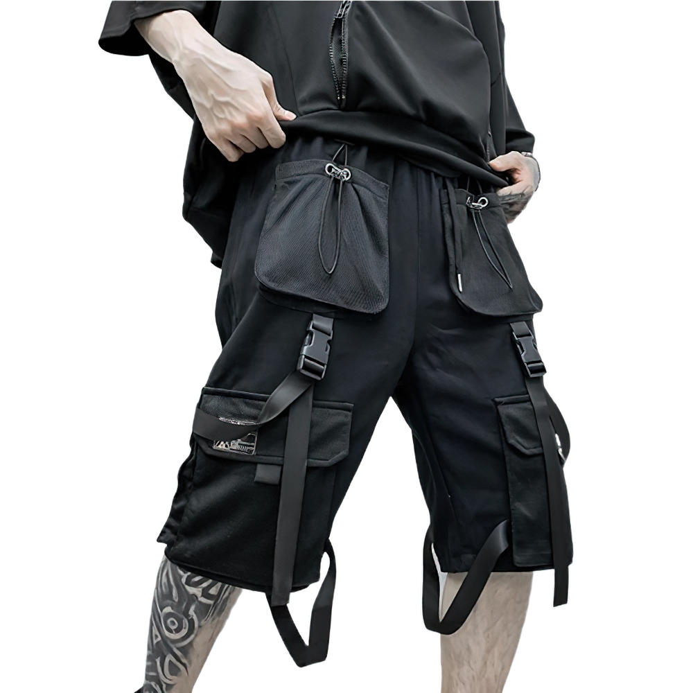 Men's black loose shorts with large pockets and stylish ribbons, perfect for casual wear.