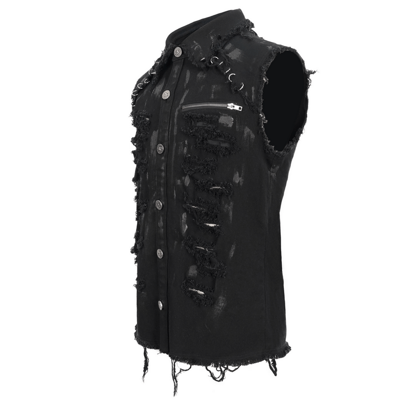 Male Distressed Ripped Sleeveless Shirts in Punk Style / Turn-Down Collar Shirt with Metal Decoration