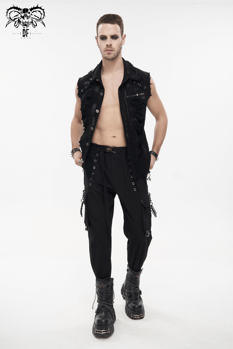 Male Distressed Ripped Sleeveless Shirts in Punk Style / Turn-Down Collar Shirt with Metal Decoration