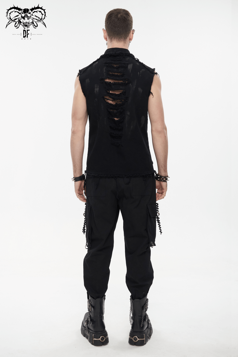 Back view of a male model wearing a black distressed ripped sleeveless punk shirt, paired with cargo pants and boots.