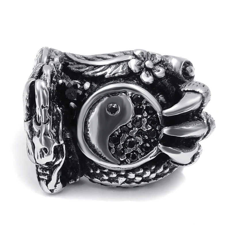 Stylish male dragon claw ring in stainless steel with yin-yang design, perfect for alternative fashion enthusiasts.