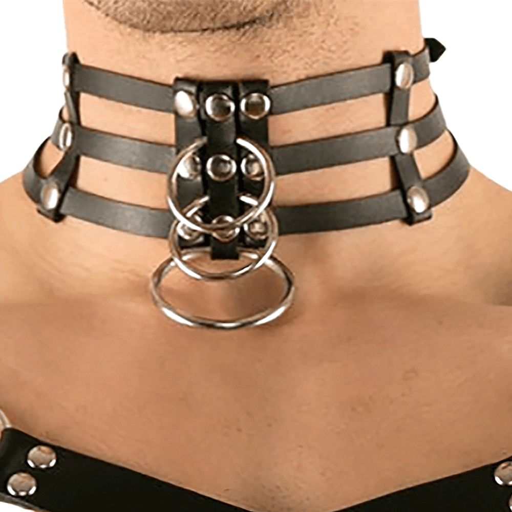 Men's punk style choker with adjustable black PU leather straps and silver rings for gothic and BDSM fashion.