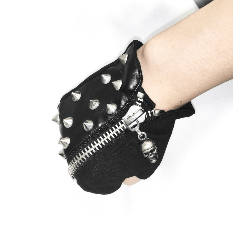 Men's black fingerless punk gloves with silver spikes and zipper detail, perfect for a stylish edgy look.