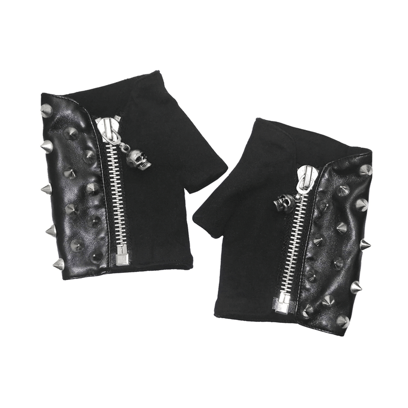 Men's black fingerless leather gloves with spikes and zippers, perfect for a punk style or motorcycle look.