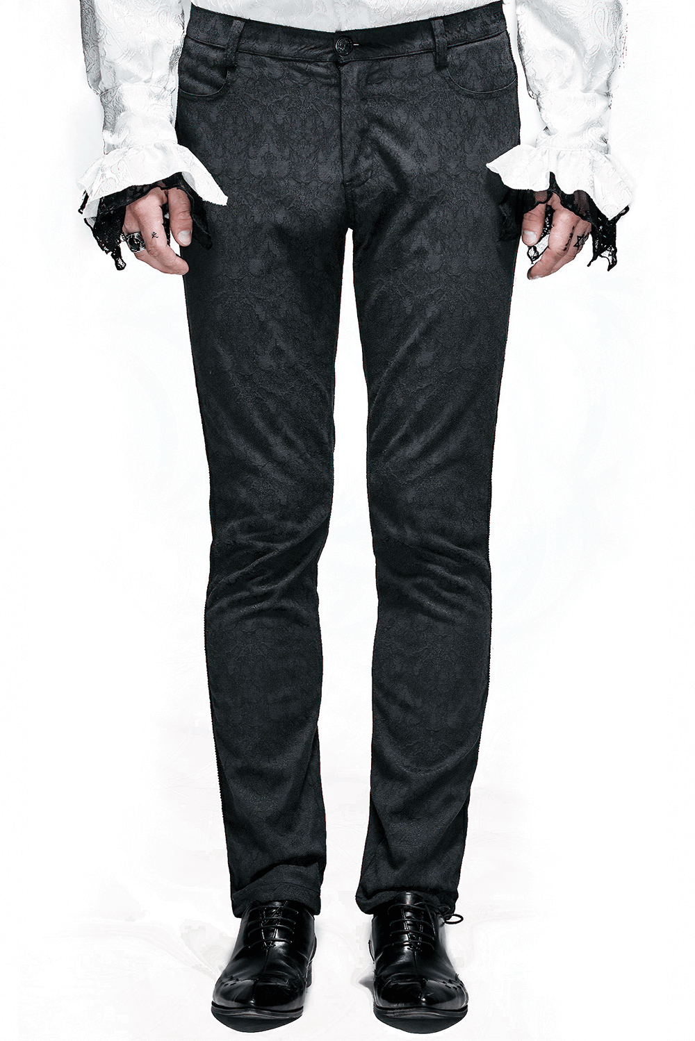 Elegant gothic black fitted straight trousers for men, perfect for vintage-inspired wardrobes.