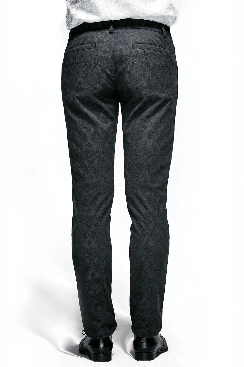 Back view of gothic black fitted straight trousers for men, showcasing vintage design and stylish fit.