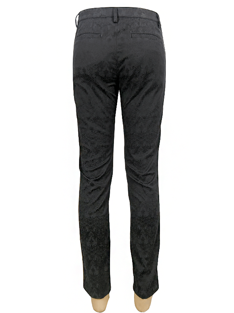 Back view of men's fitted gothic black straight trousers with zipper, showcasing vintage design and elegant style.