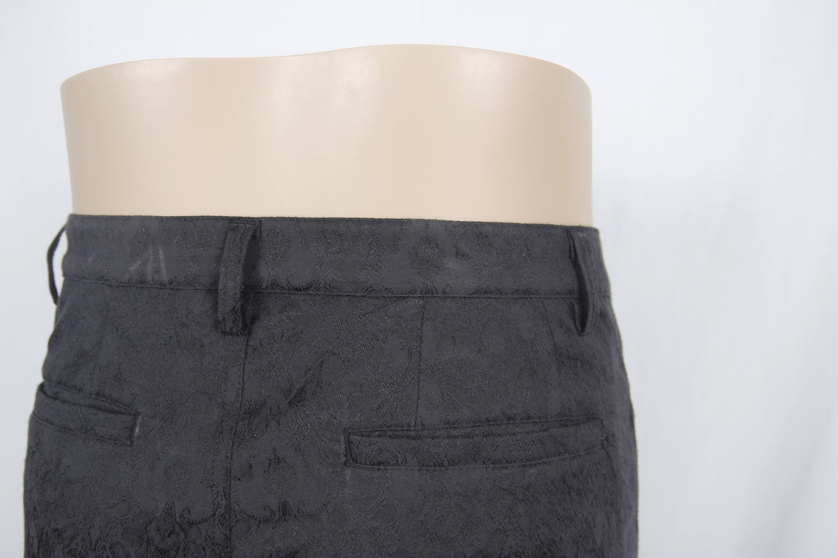 Gothic black fitted straight trousers for men, showcasing vintage style with detailed fabric and stylish pockets.