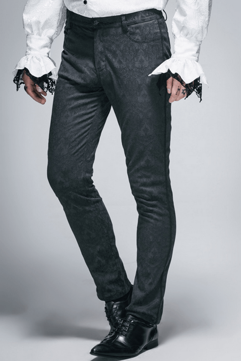 Men's fitted straight trousers in gothic black, featuring a vintage design and perfect for enhancing a gothic wardrobe.