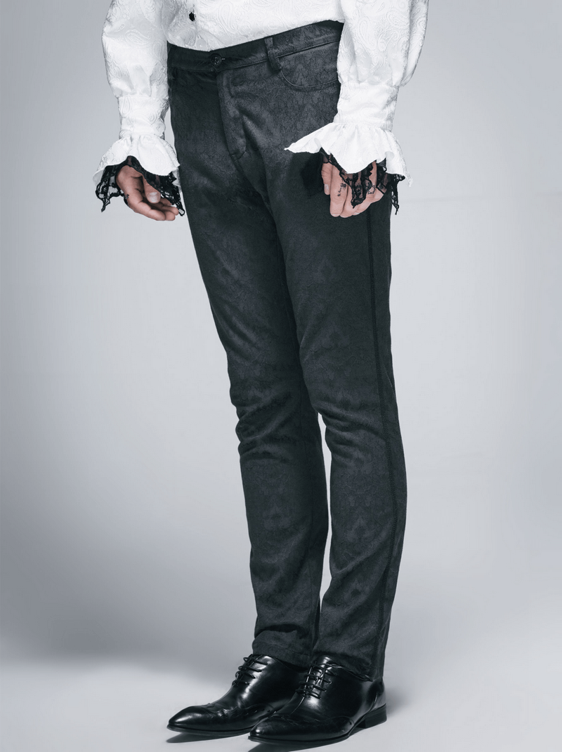 Gothic black fitted straight trousers for men, styled with a vintage flair and elegant design.