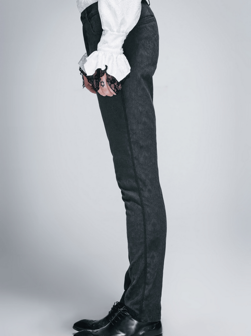 Side view of gothic fitted straight trousers for men, showcasing elegant vintage design in gothic black.
