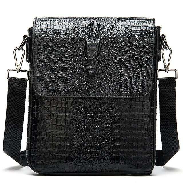 Stylish black male genuine leather shoulder messenger bag with crocodile pattern.
