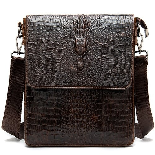 Stylish male genuine leather messenger bag with crocodile pattern in brown, perfect for casual fashion.