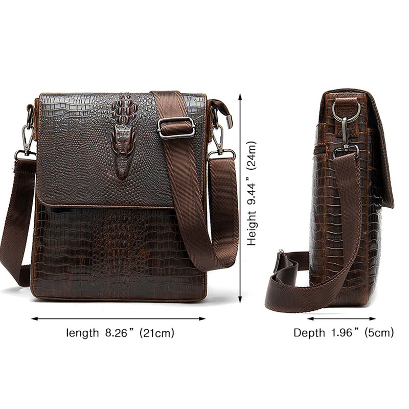Male genuine leather messenger bag with crocodile pattern, dimensions 8.26" x 9.44" x 1.96", stylish casual accessory for men.
