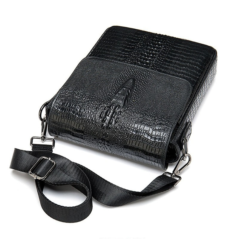 Men's black genuine leather bag with crocodile pattern, stylish shoulder messenger design for casual use.