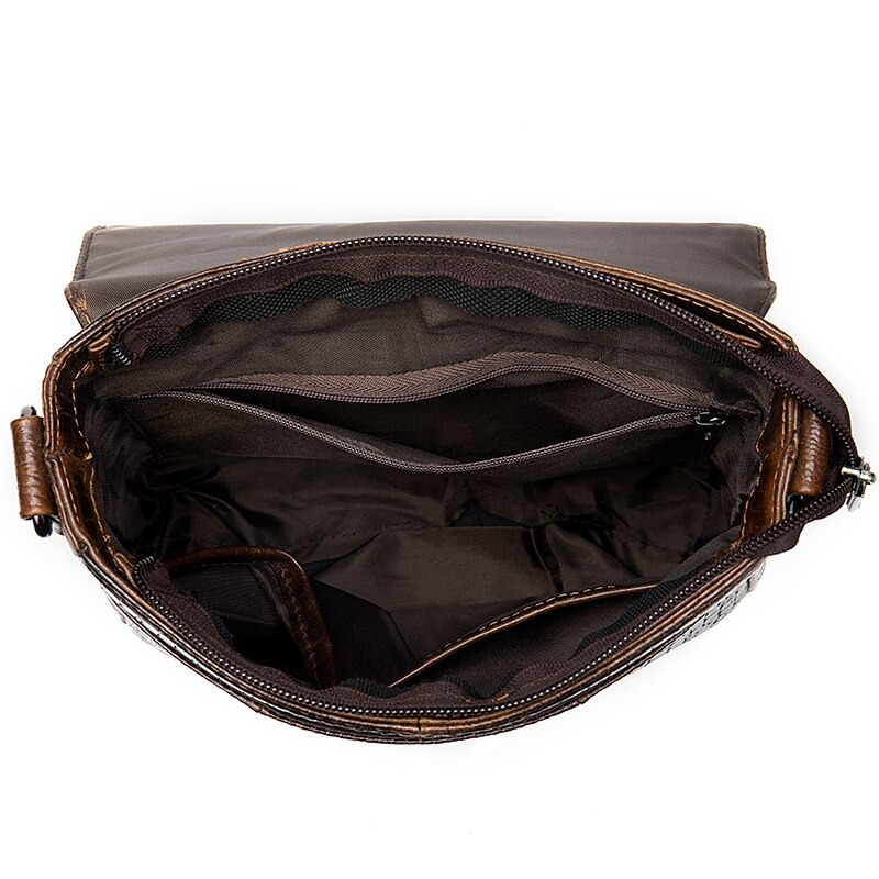 Inside view of a male genuine leather bag with crocodile pattern, featuring multiple compartments for organization.