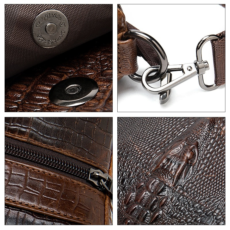Close-up details of a men's genuine leather bag featuring crocodile pattern, zippers, and hardware design.