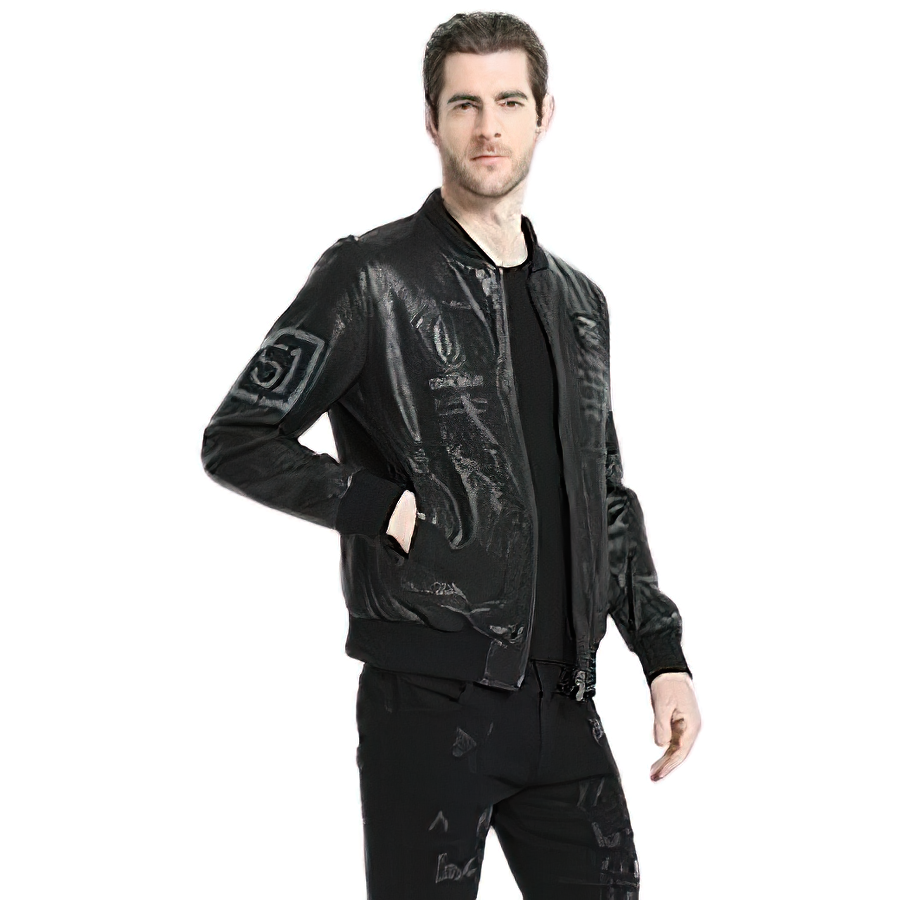 Stylish male model wearing a black genuine leather biker jacket with printed design, perfect for casual and adventurous outings.