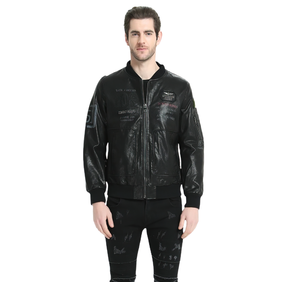 Stylish male biker jacket in black leather with detailed prints, perfect for trendy casual looks.