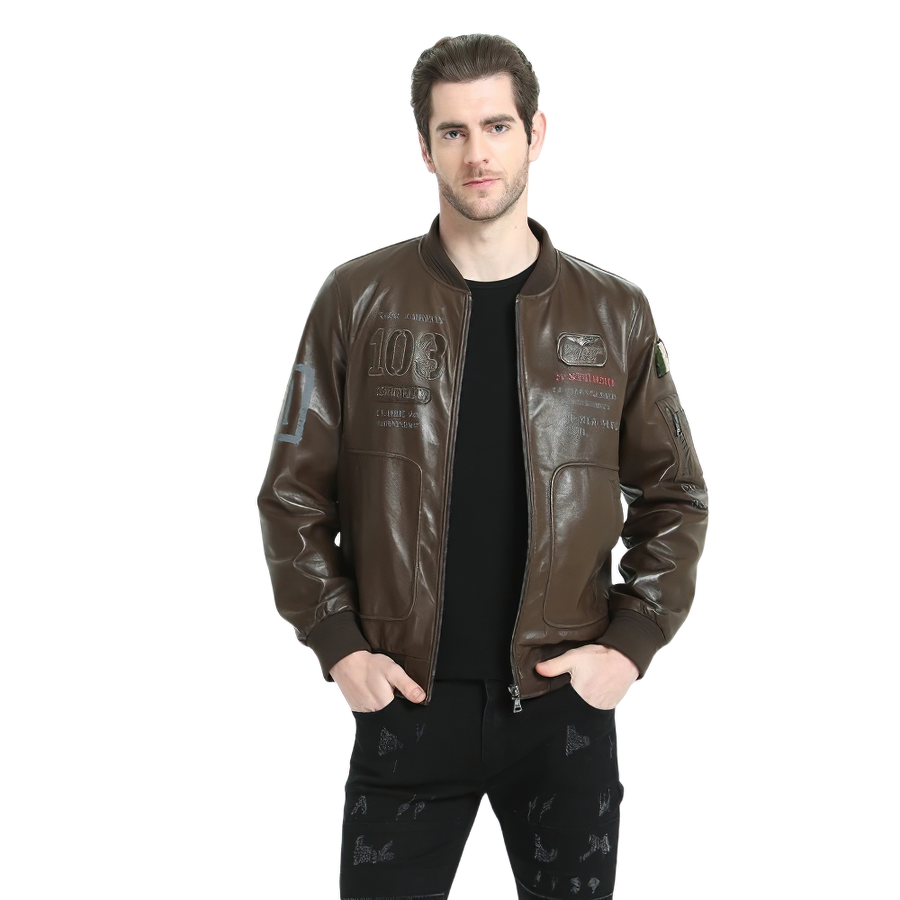 Brown male genuine leather jacket with prints, stylish biker clothing, perfect for everyday wear.