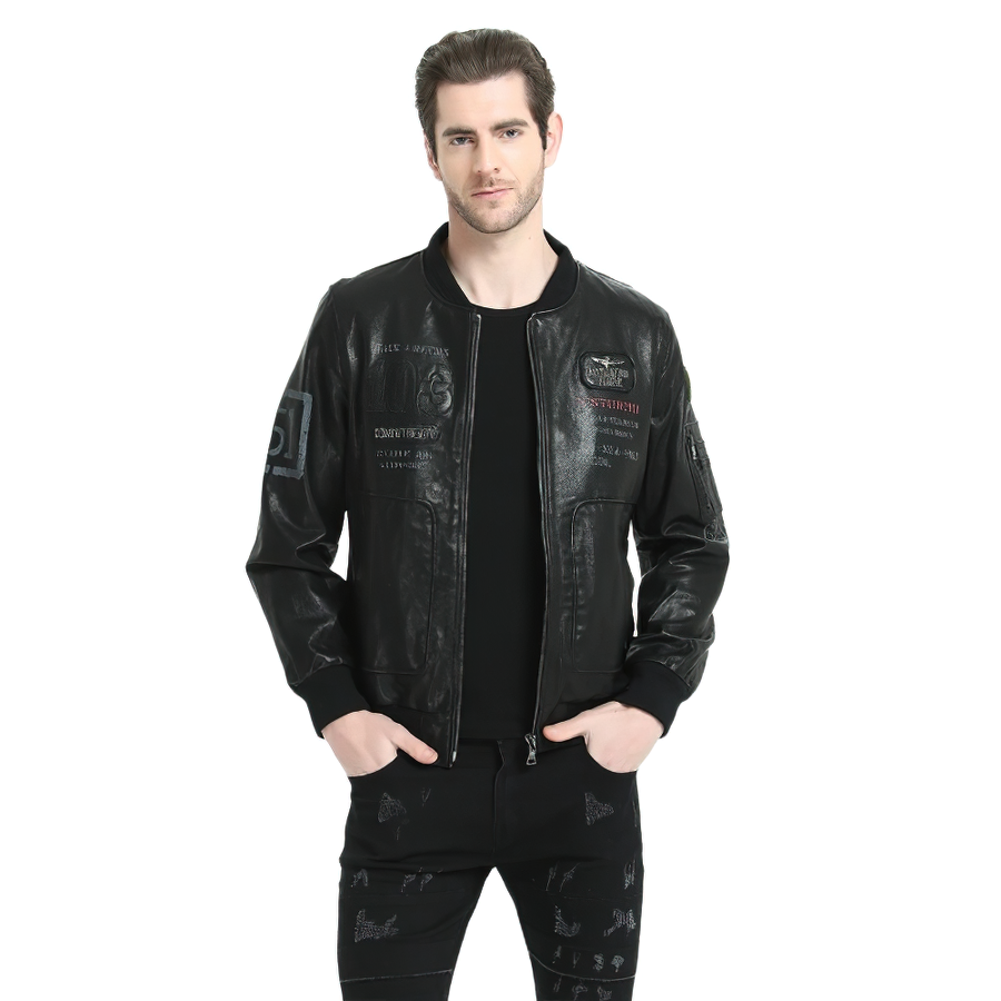 Stylish male in a black genuine leather biker jacket with detailed prints, perfect for motorcycle enthusiasts.