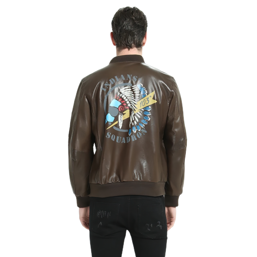 Stylish brown male leather biker jacket with Indian head print on back, perfect for casual wear and comfort.