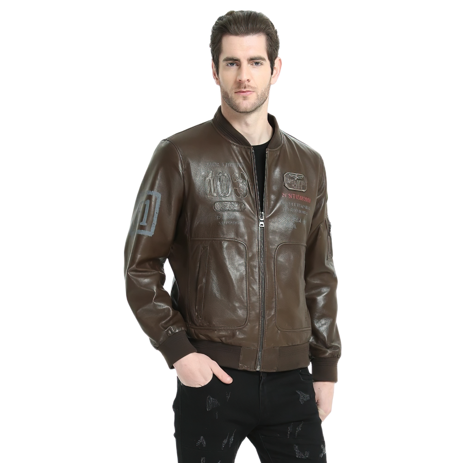 Stylish male in a brown genuine leather biker jacket with printed details, perfect for trendy casual wear.