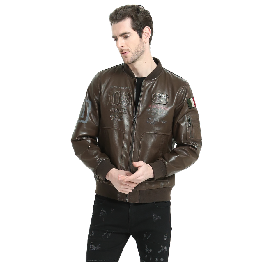 Stylish male wearing a brown genuine leather bomber jacket with unique patches and zippers, perfect for a biker look.