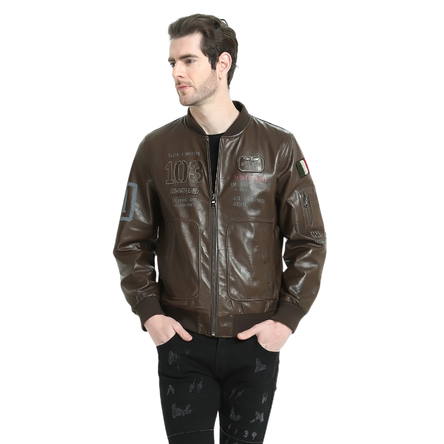 Stylish brown leather jacket for men featuring biker style, zipper, and printed details.