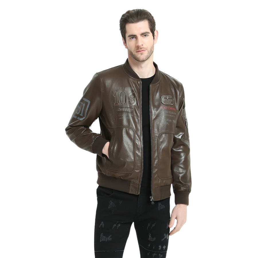 Stylish male in a brown genuine leather biker jacket with printed details, perfect for casual and adventurous outings.
