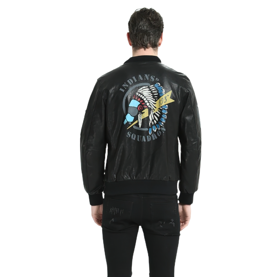 Stylish male biker leather jacket with colorful printed Indian head design on the back, perfect for a bold look.