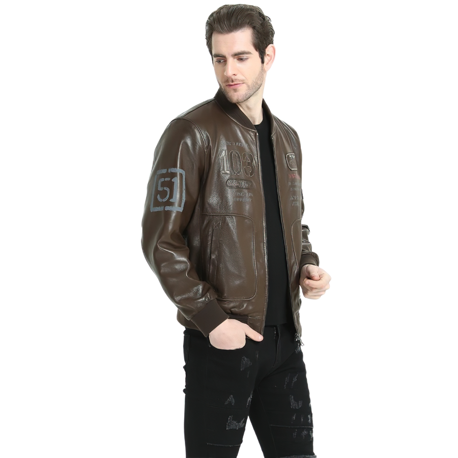 Stylish male in brown genuine leather biker jacket with printed details, perfect for everyday fashion.