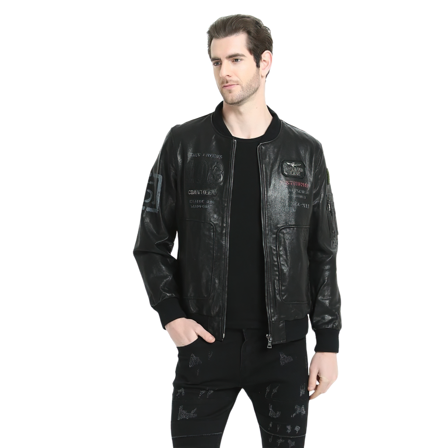 Stylish male biker leather jacket with detailed prints, perfect for casual outings and motorcycle adventures.