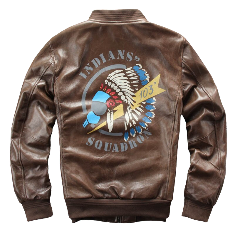 Brown male leather biker jacket featuring Indian head print on the back, stylish and comfortable.