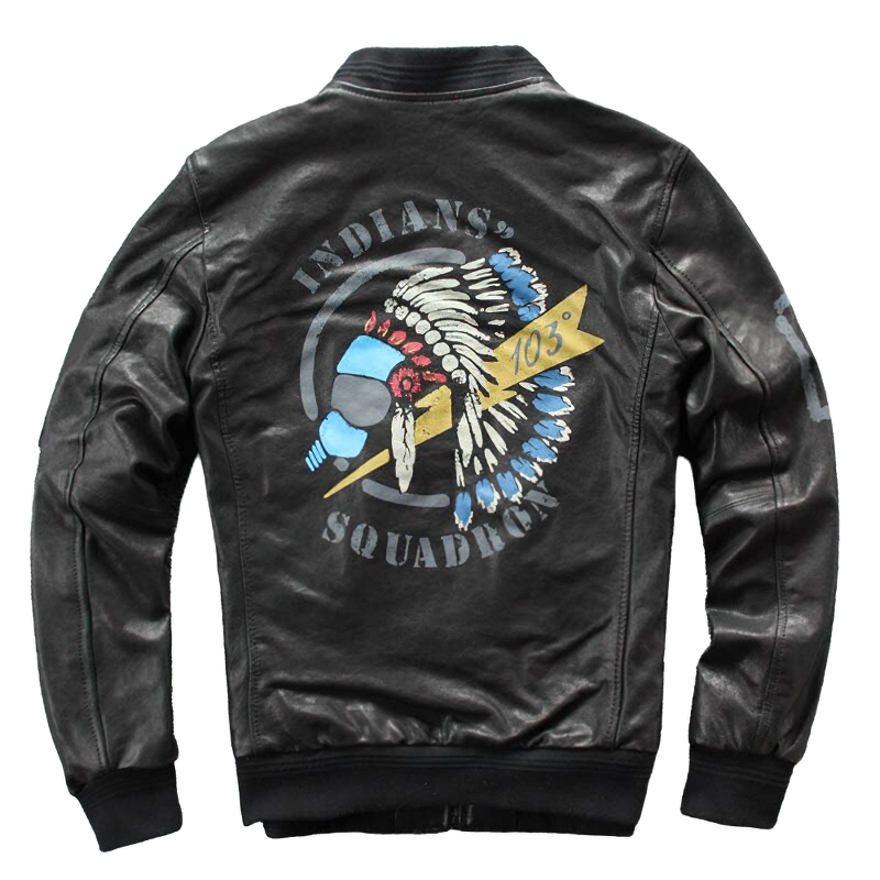 Stylish men's black genuine leather biker jacket featuring printed Indian head design on the back.