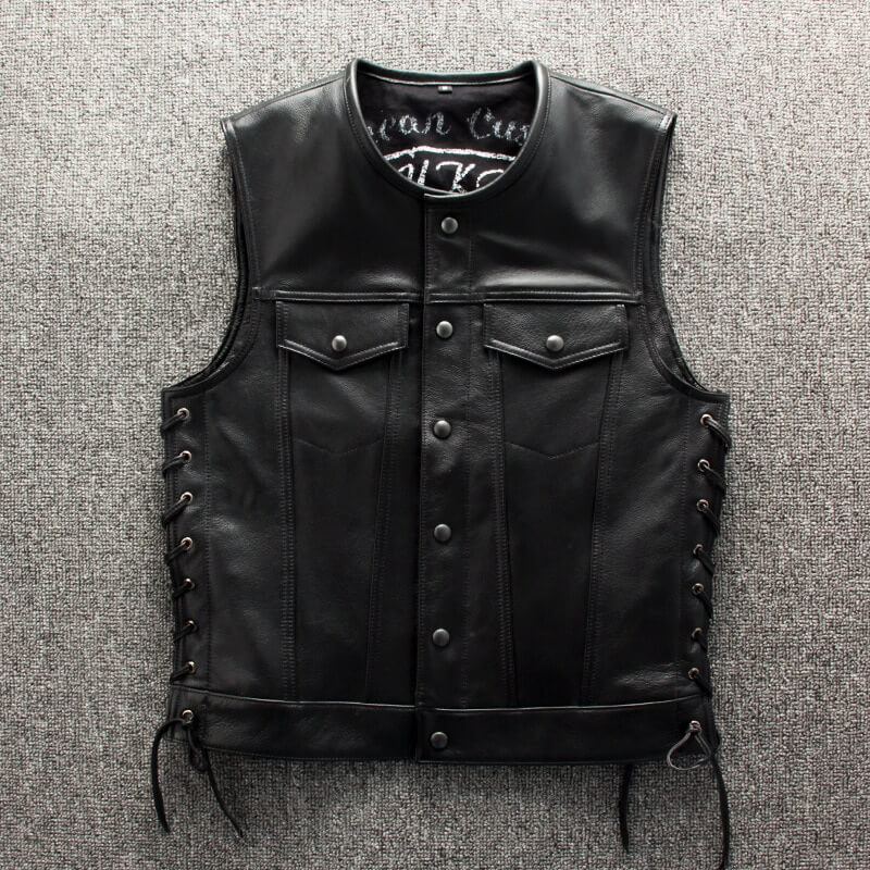 Men's genuine leather motorcycle vest in black with stylish side laces for adjustable fit and classic biker aesthetic.