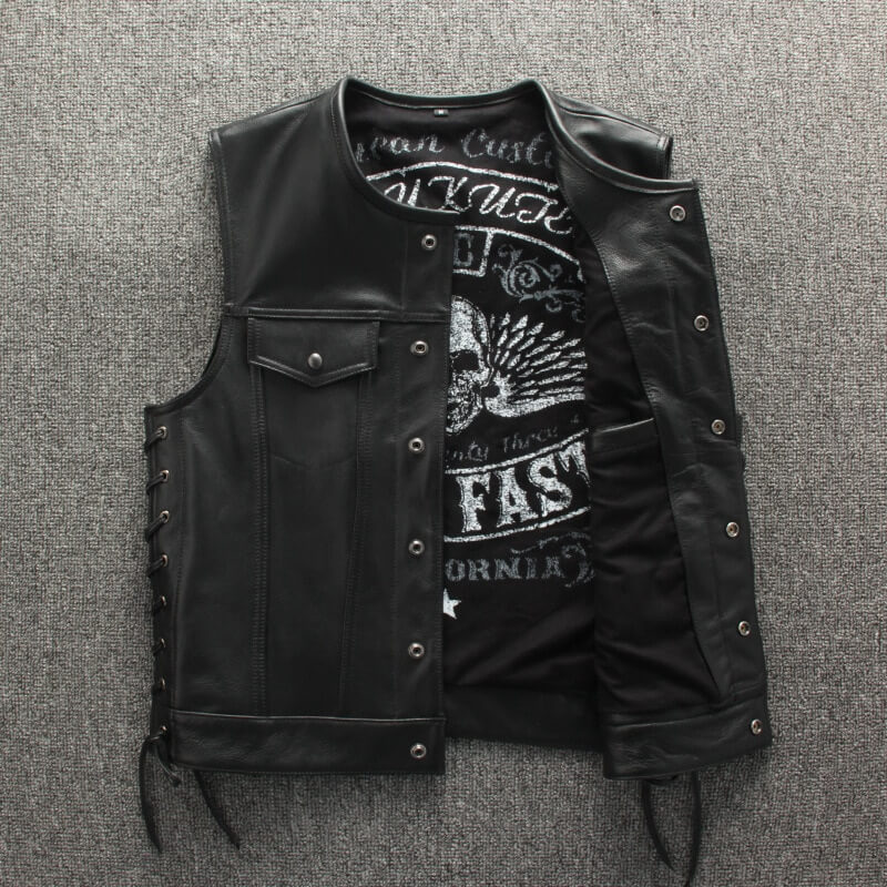 Men's black leather motorcycle vest with laces on the sides and an edgy design, perfect for bikers.