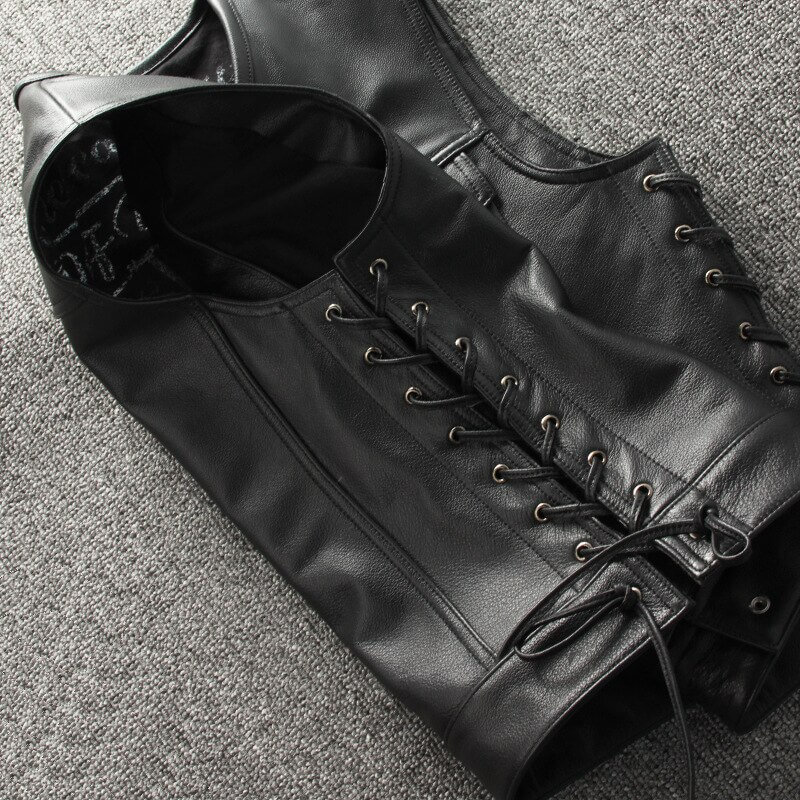 Men's genuine leather motorcycle vest with side laces, sleek black biker fashion for stylish rides.