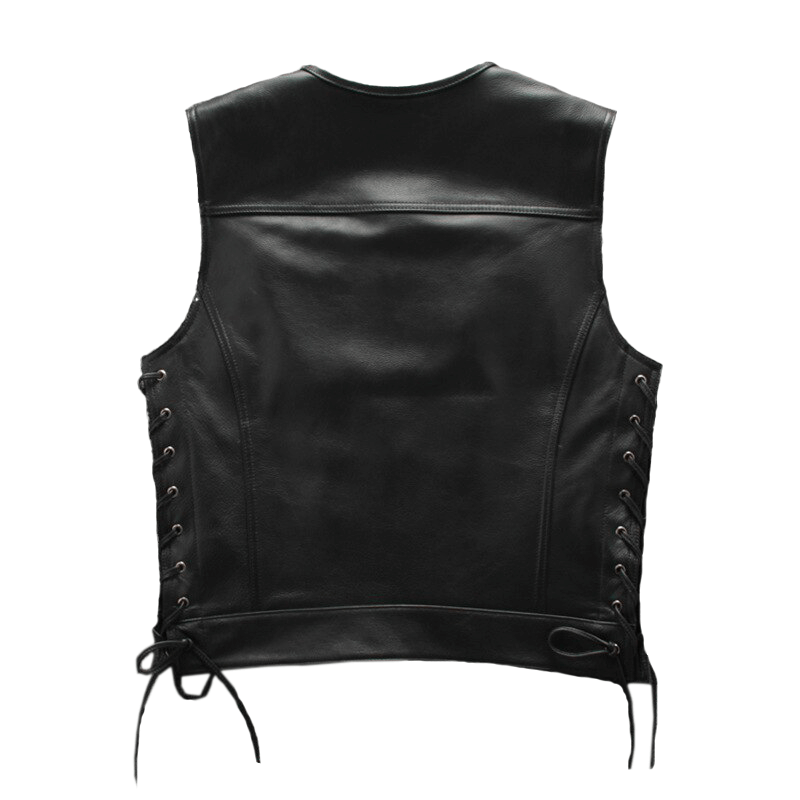 Male Genuine Leather Motorcycle Vest with Laces on Sides / Biker Slim Black Vest for Men - HARD'N'HEAVY