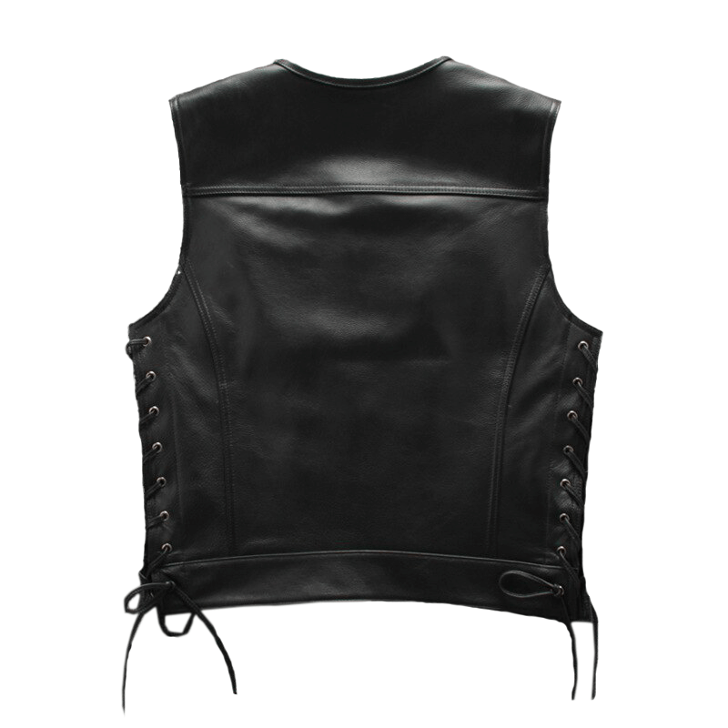 Back view of a male genuine leather black motorcycle vest with side laces for an adjustable fit.