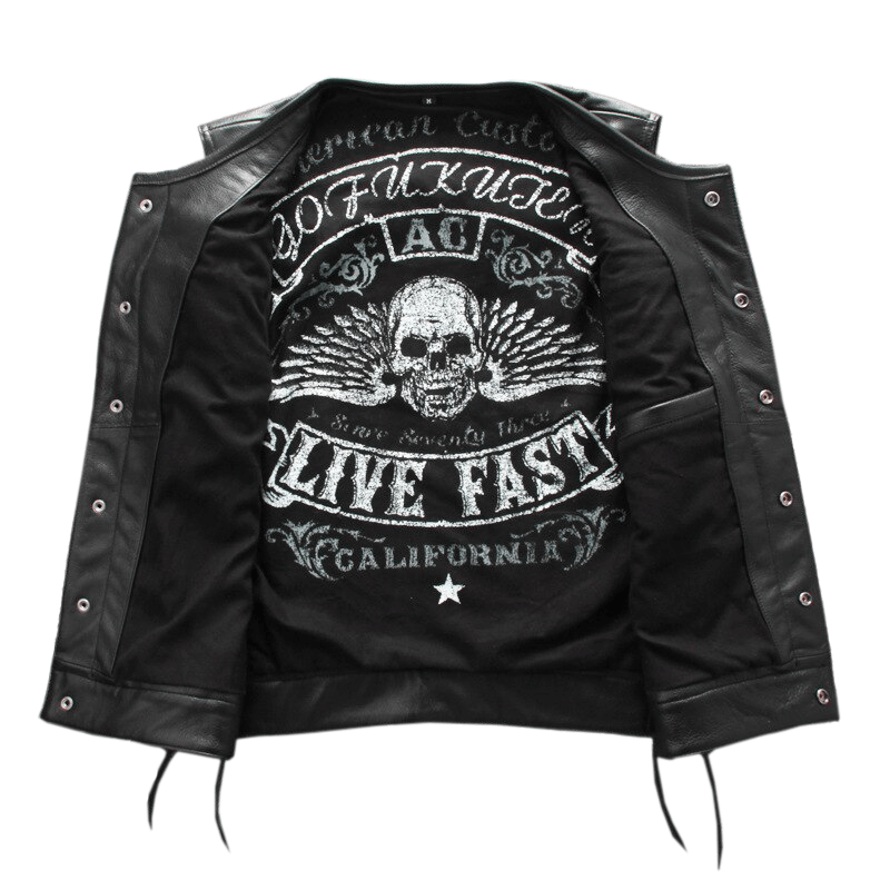 Inside view of a black leather vest featuring a bold skull design and 'Live Fast California' print for a biker look.