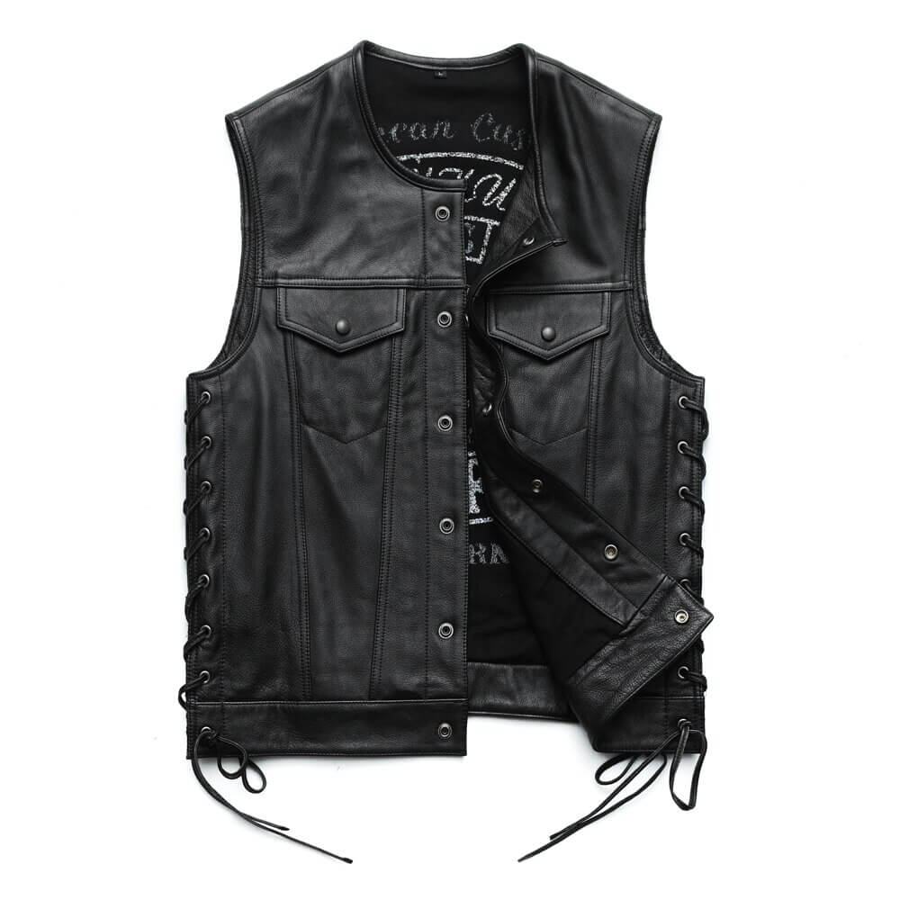 Men's genuine leather motorcycle vest in black with side laces for adjustable fit, perfect for stylish bikers.