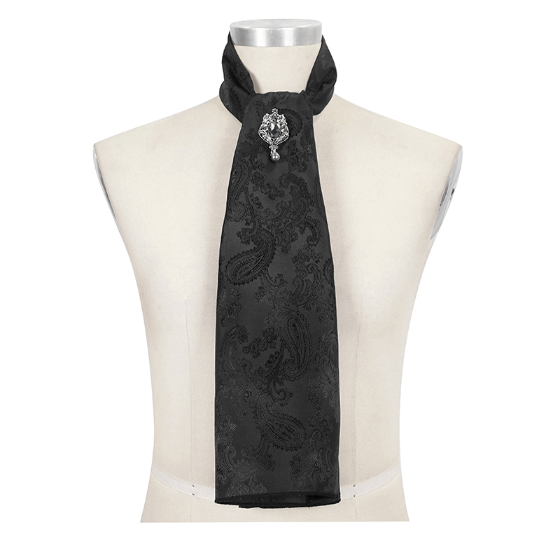 Male Gothic Black Floral Printed & Crystal Stone Tie / Vintage Long Ties for Men - HARD'N'HEAVY