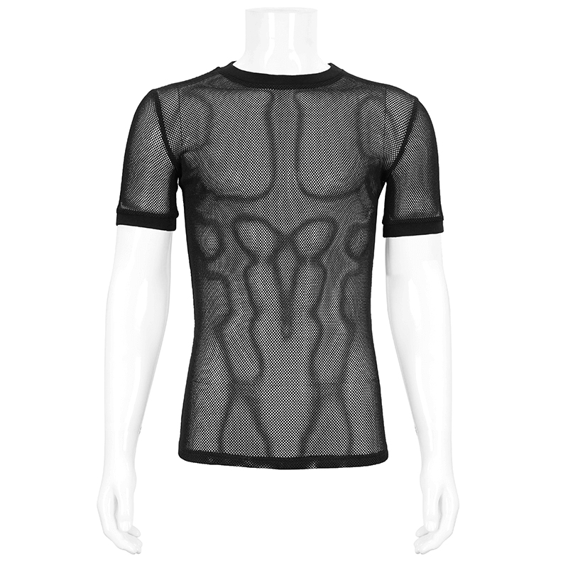 Male Gothic Short-sleeved Sheer Mesh T-Shirt / Casual Black Fitted Elastic T-Shirts for Men - HARD'N'HEAVY