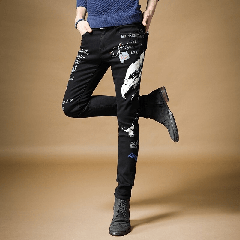 Male Graffiti Print Black Denim Pants / Comfortable Men's Slim Jeans in Alternative Style